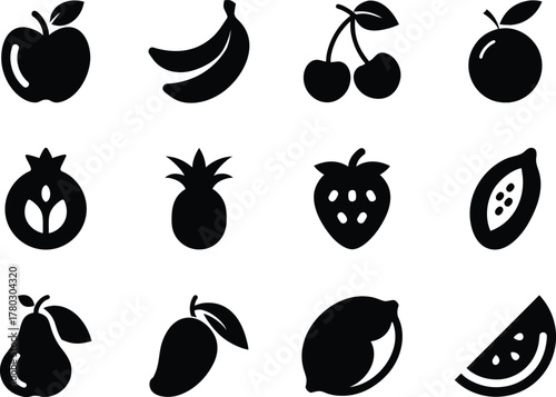 Collection of fruit icons in bold silhouette style. Editable EPS for web and design use.