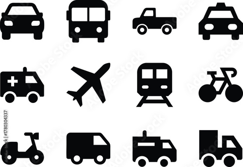Collection of vehicle icons in bold silhouette line style. Editable EPS for web and apps.