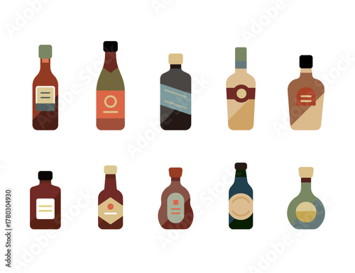 お酒ボトルのイラスト10種（フラットデザイン／ユニークカラー）