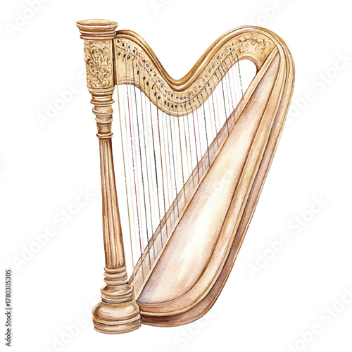 Elegant watercolor illustration of a classical wooden harp.