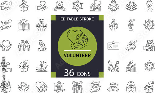 Minimal Volunteer Line Icon Set 36 Clean Outline Symbols for Charity, Help, and Community Design