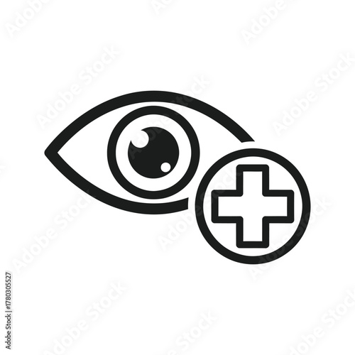 Eye care icon with plus symbol for medical or health services