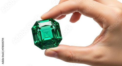 A hand holds a large emeraldcut green gem against a white background showcasing its facets and clarity