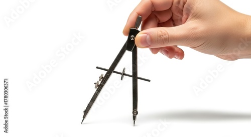 A hand holds a metal compass with a mechanical gear system against a bright white background