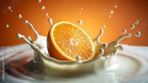 Orange Half Splashing into White Liquid with Droplets fruit citrus