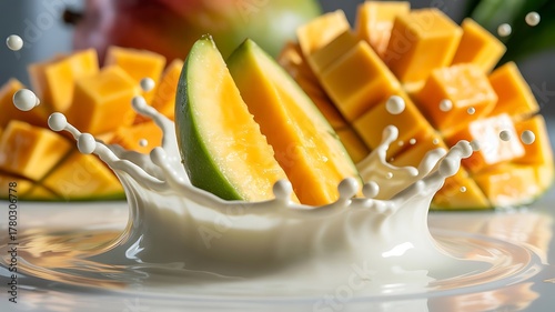 Ripe Mango Slices Splash into Creamy White Liquid with Droplets fruit tropical
