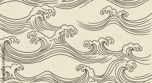 Elegant Japanese Wave Pattern Serene Oceanic Design, Seamless and Decorative