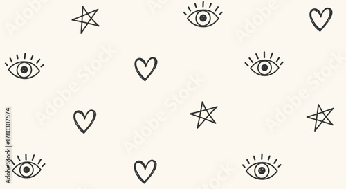 Seamless pattern with hand-drawn mystical symbols. Repetitive background with doodle hearts, stars, and watching eyes for a boho aesthetic