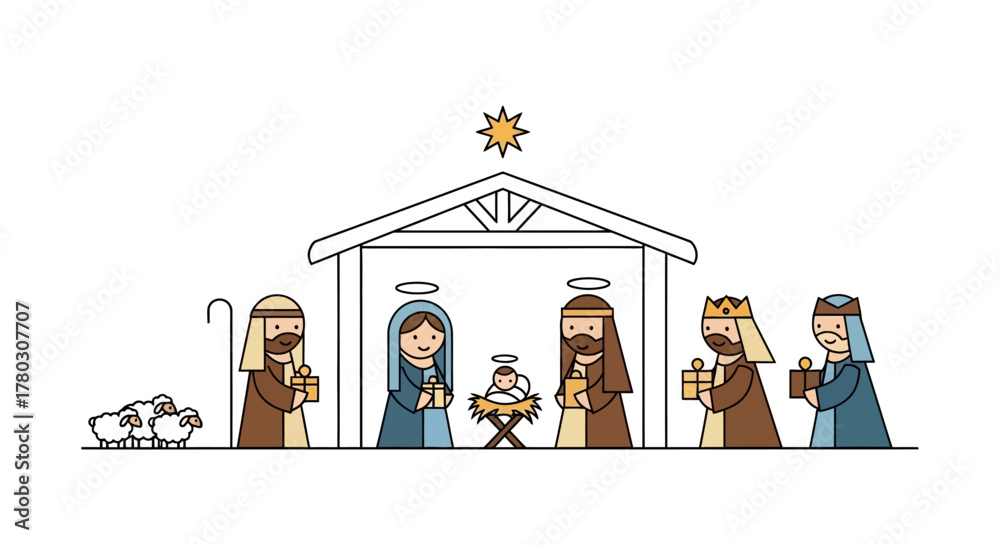 Obraz premium Minimal Christmas Nativity Symbols Vector Set – Holy Scene Silhouette Icons, Biblical Christmas Elements, and Sacred Holiday Design Graphics