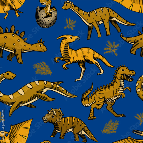 Cartoon jurassic dinosaurs seamless pattern for kids and boys clothing. sketchy Hand drawn illustrations, childish . Tyrannosaurus, pthylodatctyle, brontosaurus.