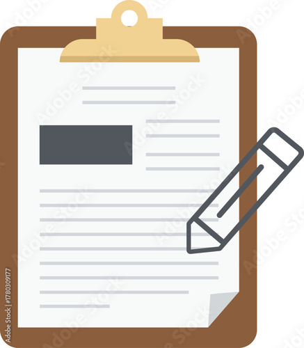 Clipboard with document and pen flat design illustration for business report paperwork and office form filling concepts, on transparent background.
