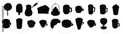Teapots and mugs, coffee cups vector silhouette vector illustration. Silhouette icons of cups, teapots, and mugs in a minimalist black and white design. Vintage silhouette icons of kitchen utensils.