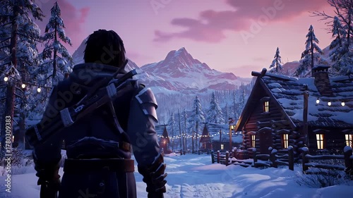 Pixelated adventurer observes snowy mountain village at dusk warm cabin lights glow with festive strings of lights on