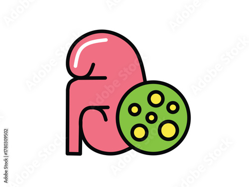 Colored line icon of a human kidney with an infection, representing nephritis, pyelonephritis, or a urological disease