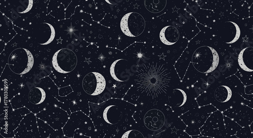 Celestial Night Seamless Pattern of Moon Phases, Stars and Constellations in Dark Sky