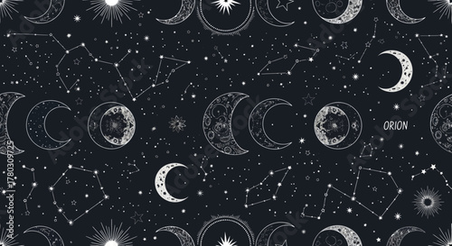 Mystical Celestial Galaxy Moon Phases, Stars, and Constellations on Dark Night Sky Background