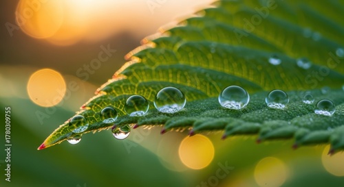 Macro shot of dewdrops on green leaf with soft bokeh background