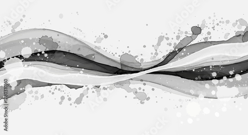 Abstract monochromatic background with flowing ink waves and paint splatters, creating a dynamic and artistic grayscale design perfect for modern digital projects