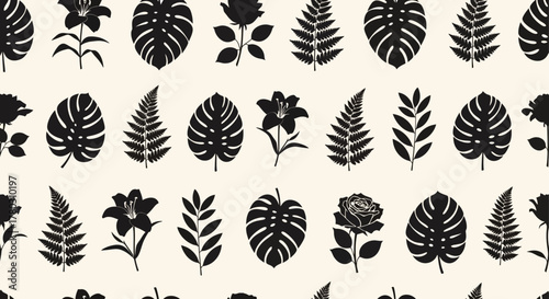 Seamless pattern of tropical botanical silhouettes including monstera, ferns, and flowers on a light background, perfect for textile and wallpaper design projects