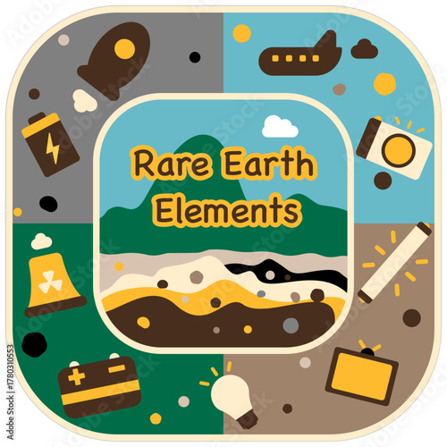Rare earth elements (REEs) sticker. Rare earth landscape materials vector illustration.
