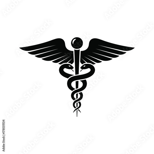 Black caduceus symbol with wings on white background