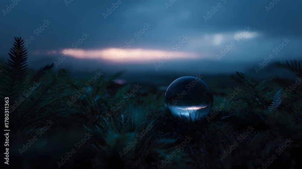 Fototapeta premium A crystal ball rests in lush green grass at dusk reflecting the serene atmospheric twilight horizon