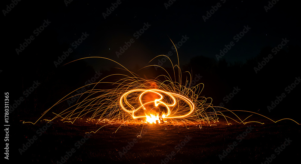 Fototapeta premium Long exposure steel wool fire spinning at night under starry sky