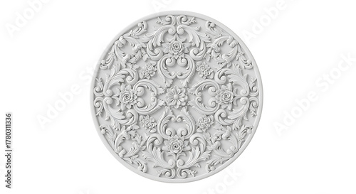 Circular ornament with intricate floral and foliage design isolated on white