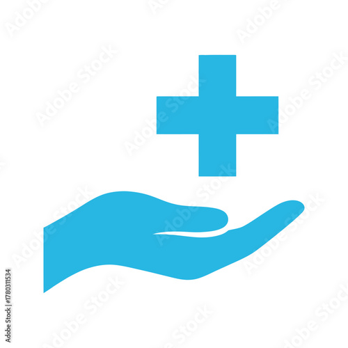 Blue hand holding a medical cross symbol for healthcare and assistance