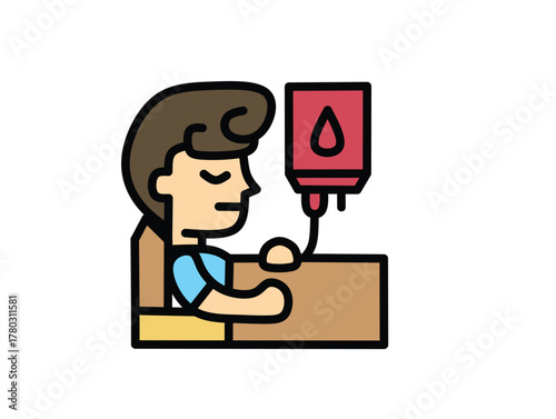 A graphic symbol of blood donation, illustrating a person connected to a transfusion bag for medical aid and lifesaving charity
