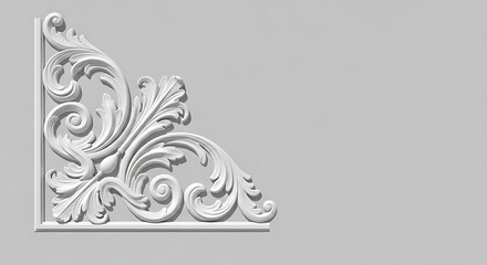 Elegant white floral corner ornament design with intricate details and shadows