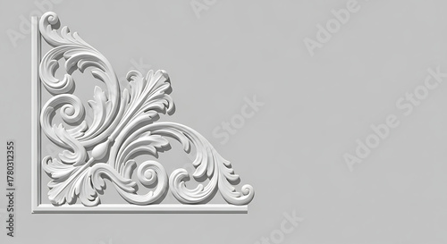 Elegant white floral corner ornament design with intricate details and shadows