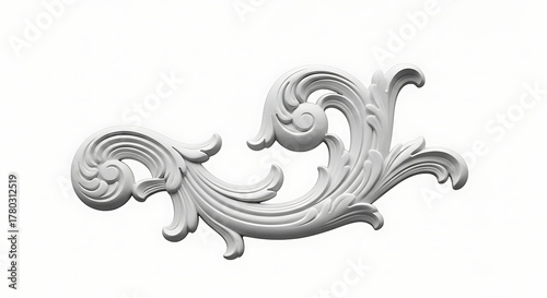Elegant white ornamental scrollwork design element with leaves and curls isolated