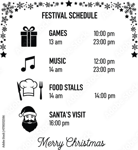 Black and white Christmas festival schedule vector with festive snowflake and star border, detailing games, music, food stalls, and Santa's visit times.