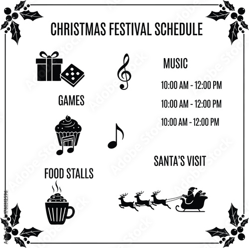 Monochrome christmas festival schedule vector template with snowfall and star decorative border, listing games, live music, food stalls, and Santa's visit times.