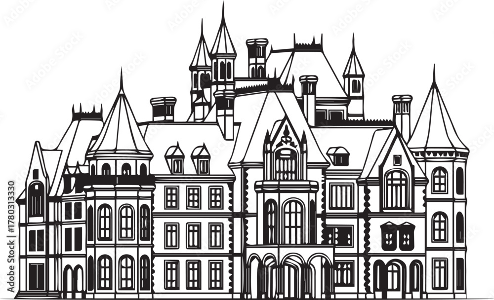 Fototapeta premium Stately manor architectural drawing perfect for historical projects, elegant designs, or old-world charm branding elements. Scalable vector for versatile use