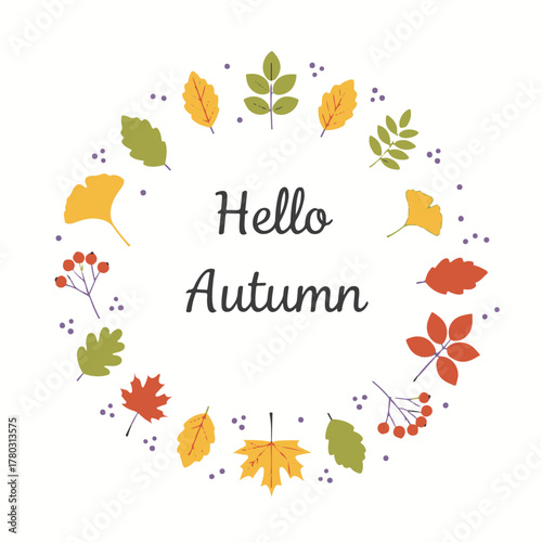 Autumn season banner featuring colorful leaves and the text Hello, Autumn. Seasonal greeting card and background. Vector illustration.
