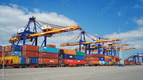 Close-up of brightly stacked shipping containers and a yellow crane working at a busy, bustling cargo terminal