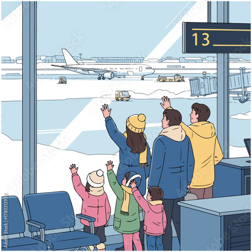 A family in winter clothes waves at an airplane on a snowy runway from an airport terminal gate window.
