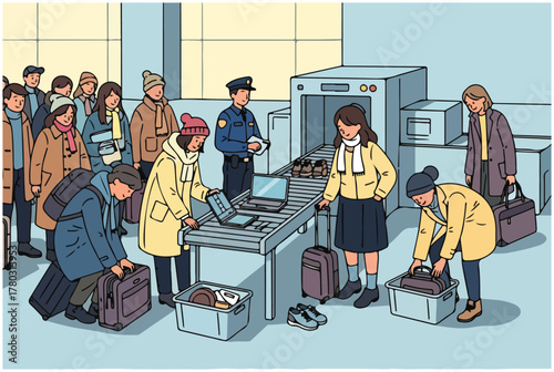 Travelers at an airport security checkpoint placing their luggage, laptops, and personal items on a conveyor belt for X-ray screening.