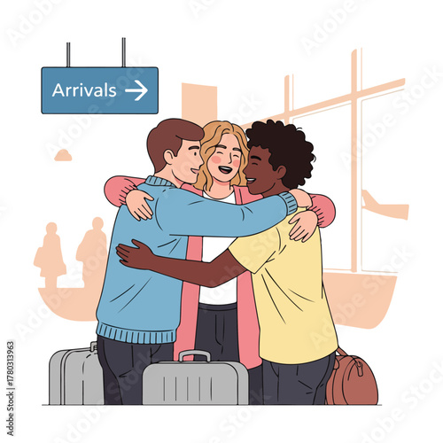 Three friends embrace joyfully at an airport arrival gate, celebrating a reunion with luggage.