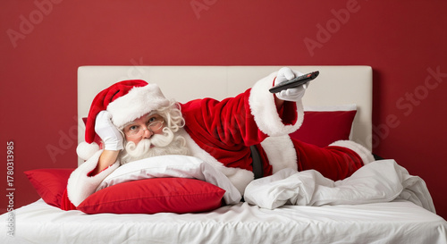 Santa Claus enjoys a humorous moment of well-deserved post-holiday downtime, lounging comfortably in bed with a remote control and ready for some festive entertainment