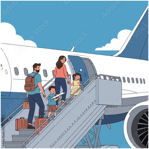 A family with two children and luggage boards an airplane via the mobile stairs, ready for their vacation.