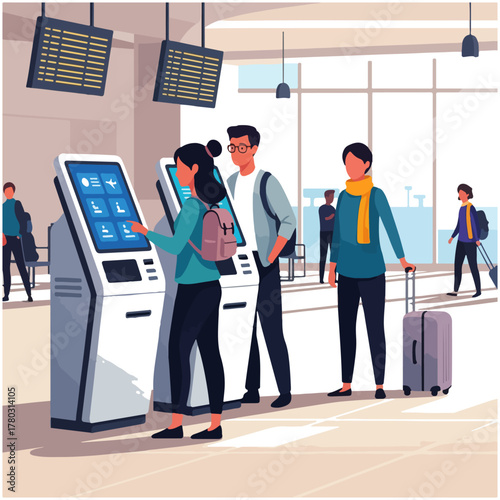 People using self-service check-in kiosks at an airport terminal with departure boards in the background.