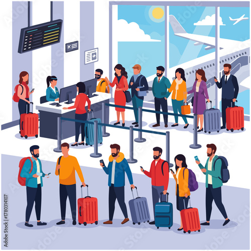 People waiting in lines at a busy airport terminal with luggage and an airplane visible outside through a large window.