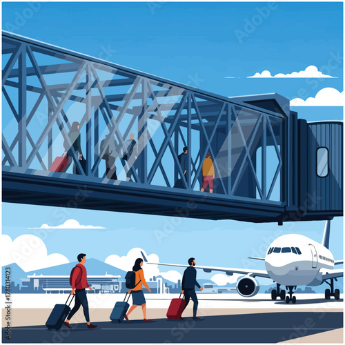 Passengers walking to airplane via jet bridge at airport terminal.