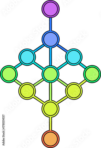 Colorful hierarchical network diagram of interconnected nodes flow