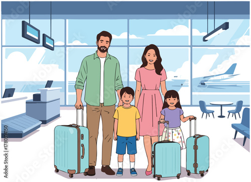 A happy family of four with luggage standing together in an airport terminal before their flight.