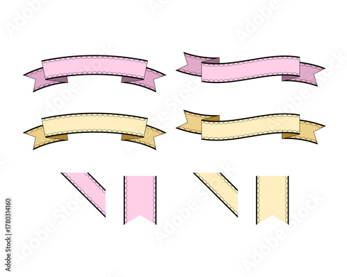 可愛いピンクとイエローのリボンフレームセット - レース風の波型飾り、ガーリーなフラットデザインベクター素材