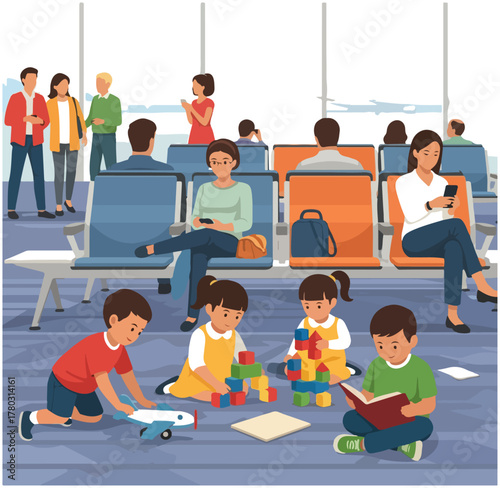 Families and children waiting in an airport departure lounge, with kids playing on the floor with toys.